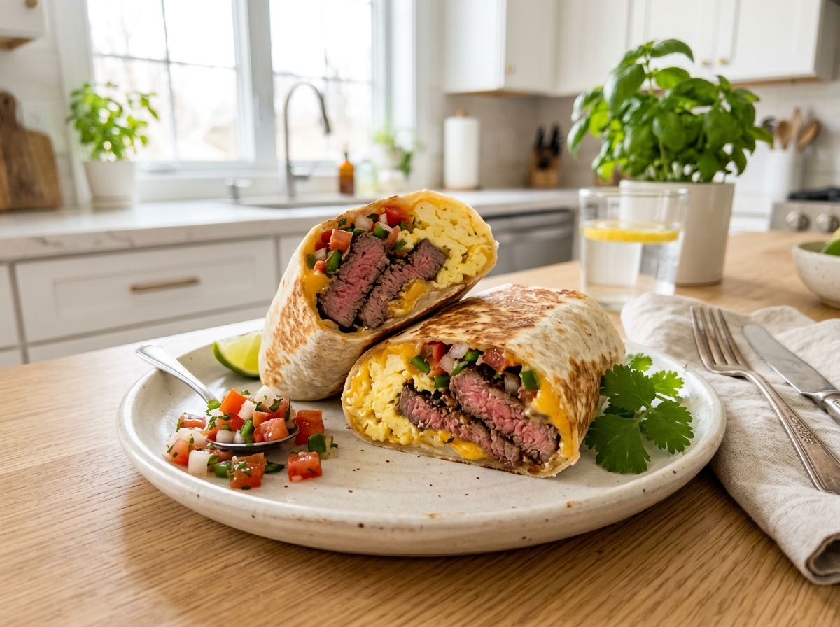Grilled burrito halved to reveal sliced steak, scrambled eggs, melted cheese, and fresh salsa