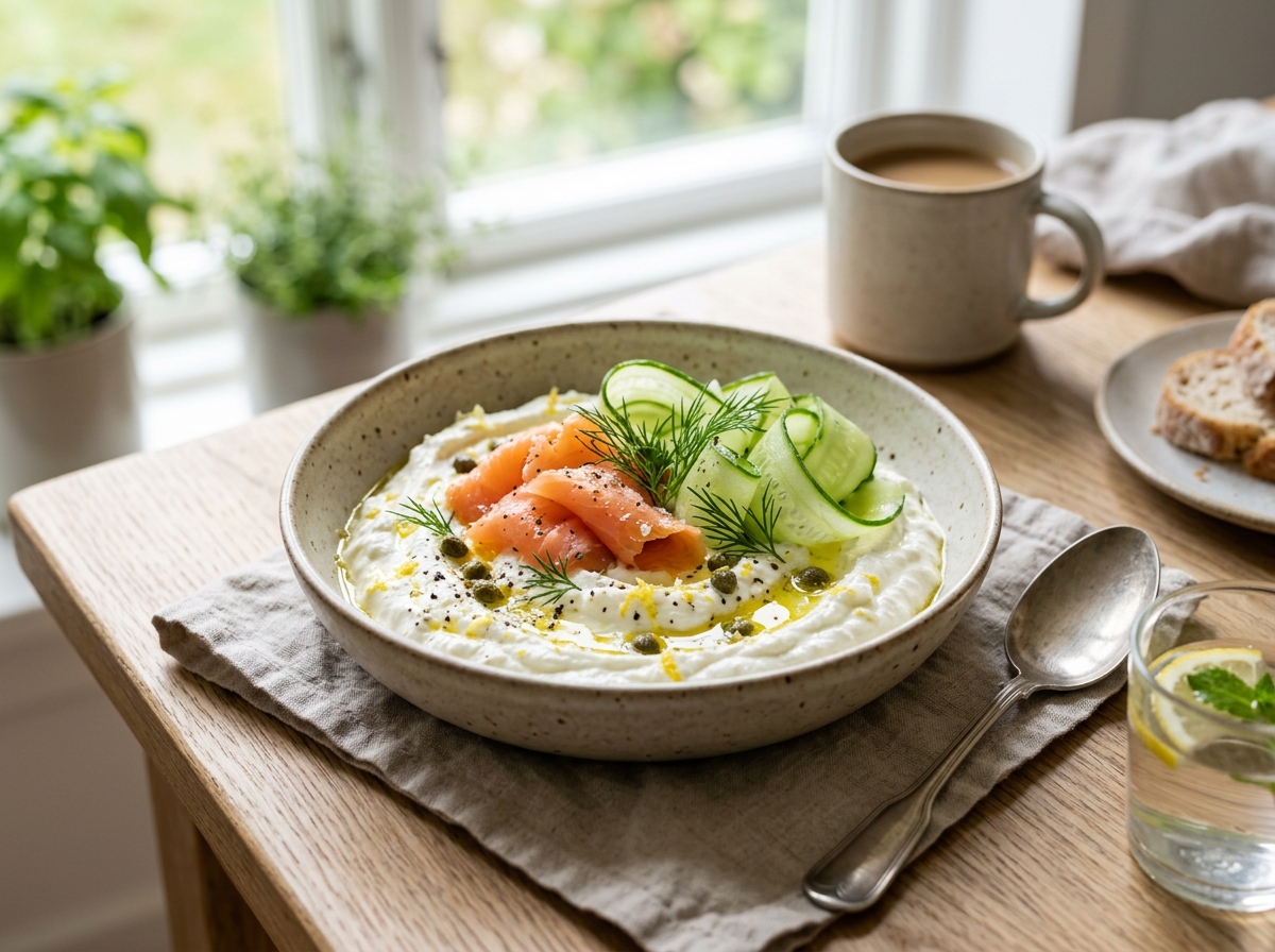 Whipped cottage cheese bowl topped with smoked salmon, cucumber ribbons, capers, dill, and olive oil