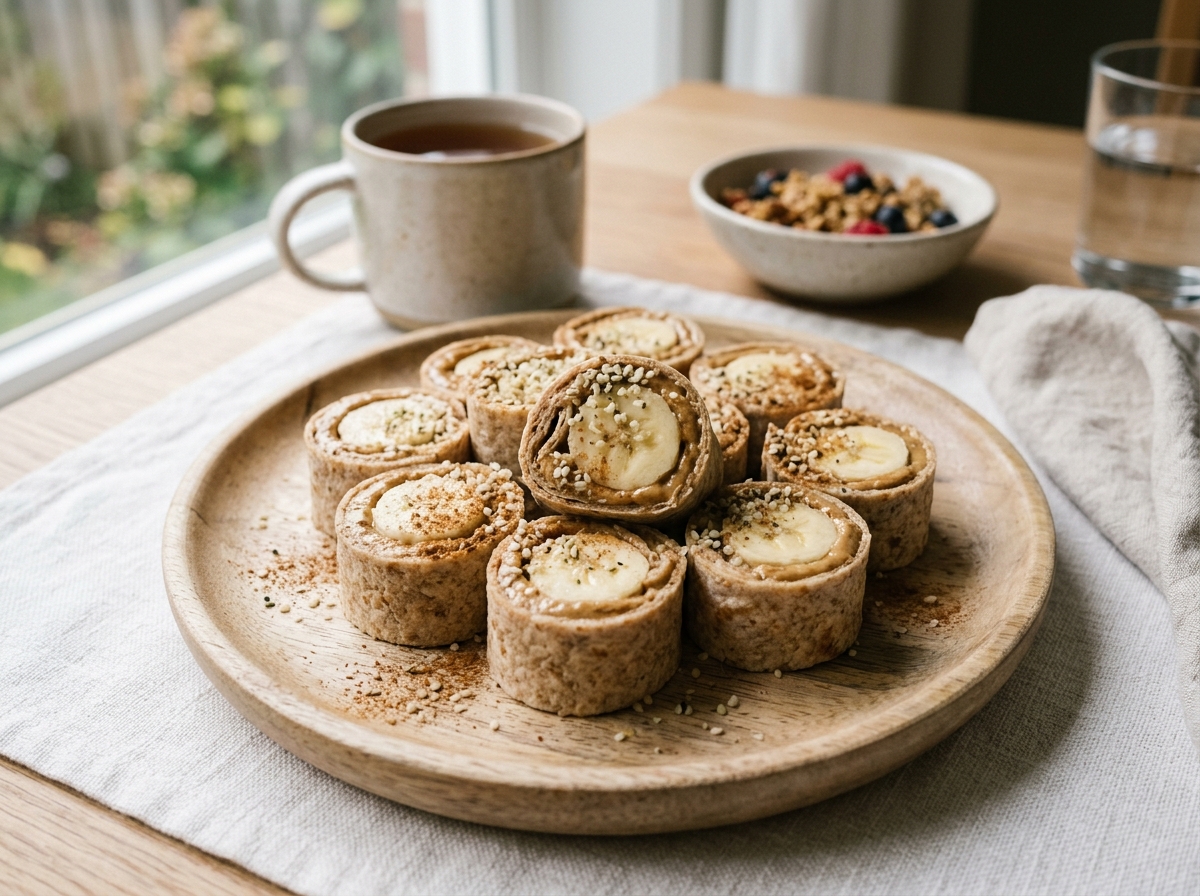 Sliced tortilla roll-ups filled with sunflower seed butter and banana, sprinkled with hemp seeds