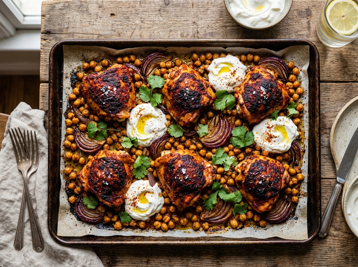 Sheet pan of roasted harissa chicken thighs, chickpeas, red onions, and dollops of yogurt