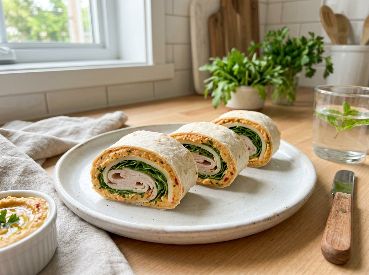 Lavash wrap pinwheels filled with red pepper hummus, sliced deli turkey, provolone, and greens