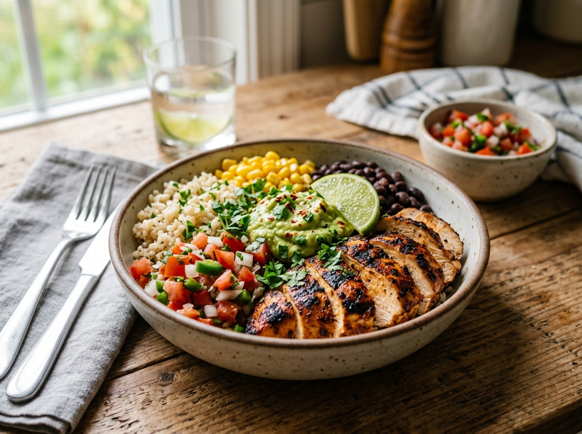 Burrito bowl with grilled chicken slices, brown rice, black beans, corn, pico de gallo, and guacamole