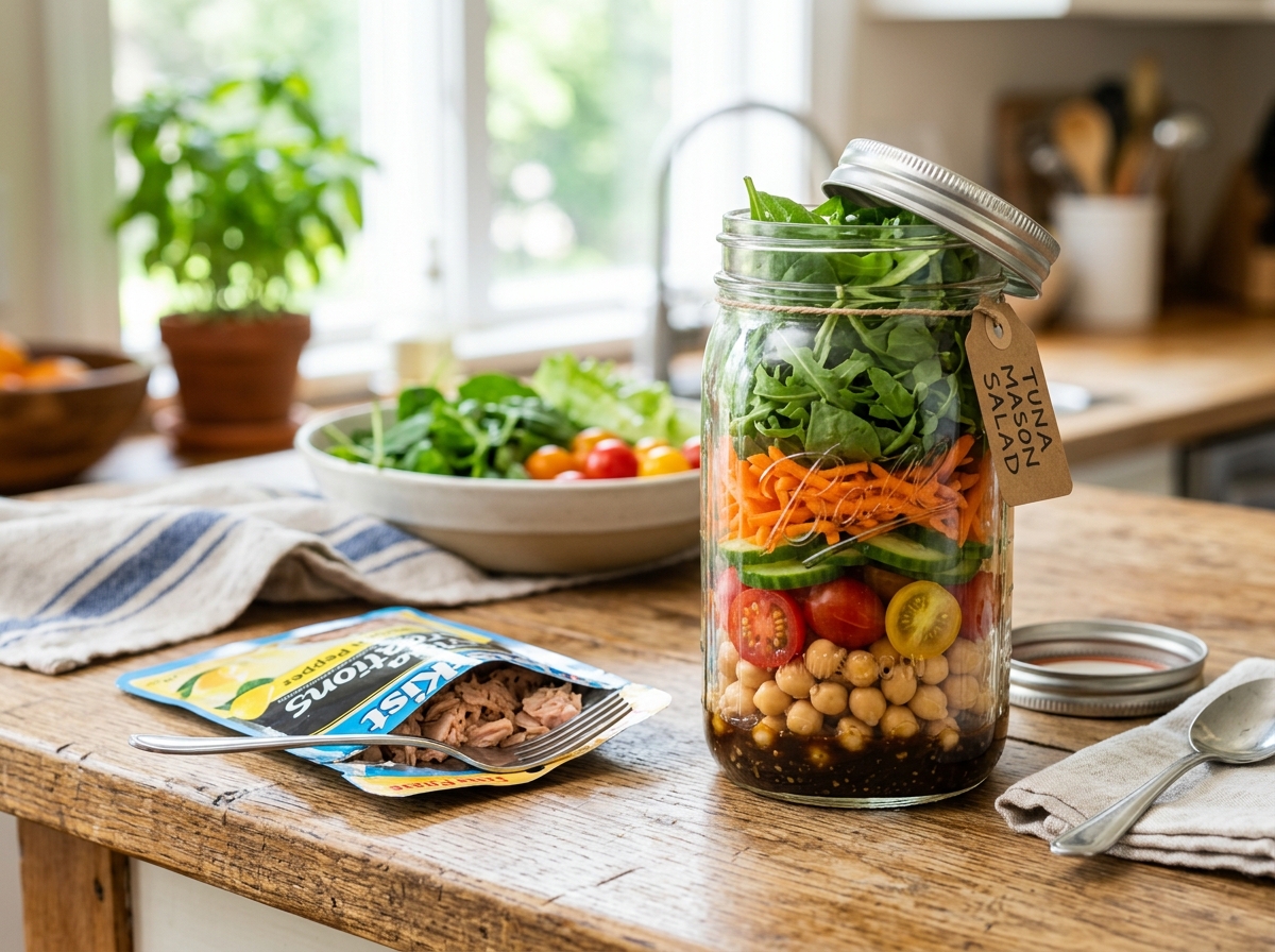 Layered mason jar salad with chickpeas, cherry tomatoes, cucumber, carrots, and greens next to an open tuna pouch