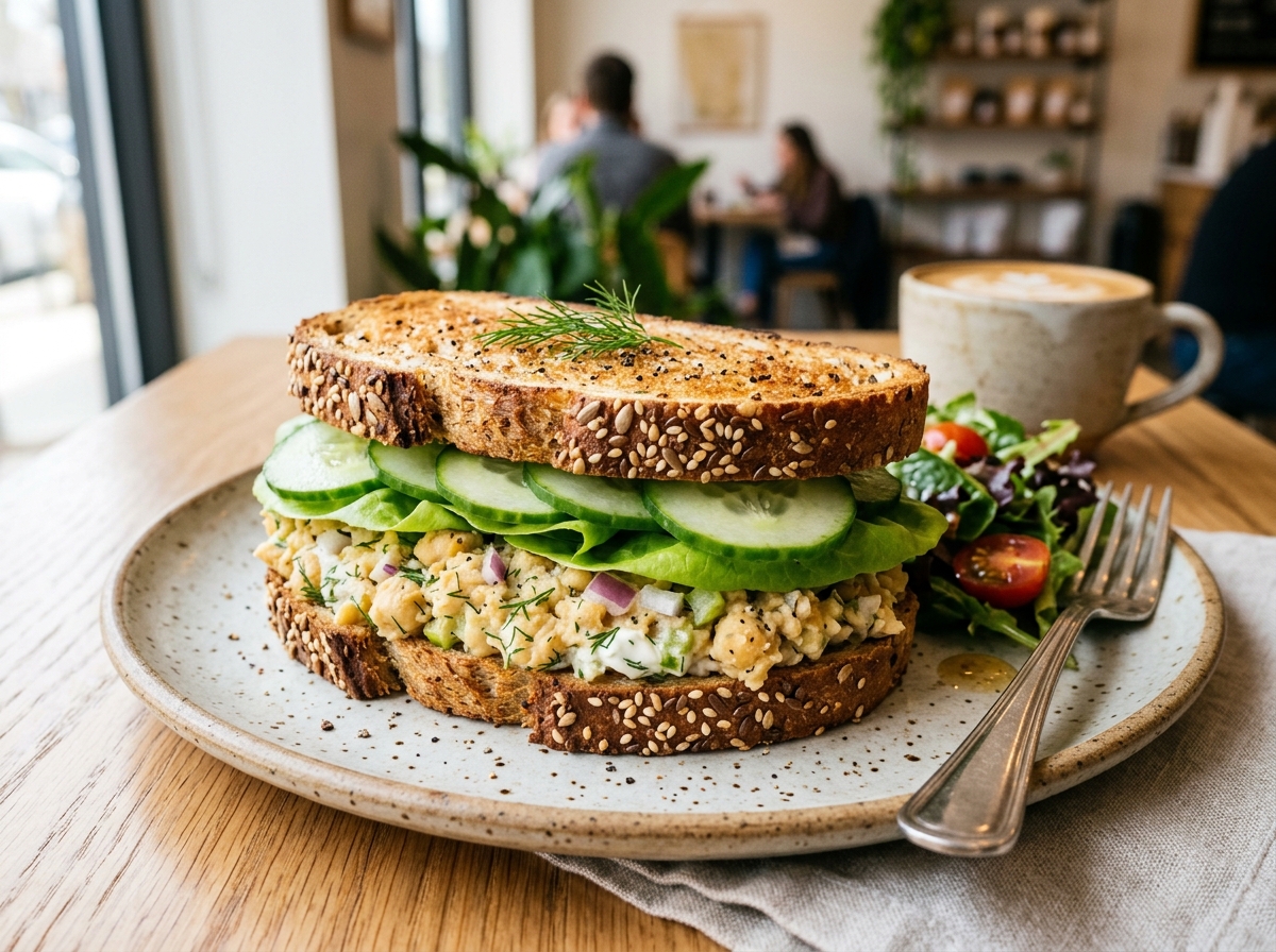 Toasted multigrain sandwich filled with smashed chickpea salad, cucumber slices, and lettuce