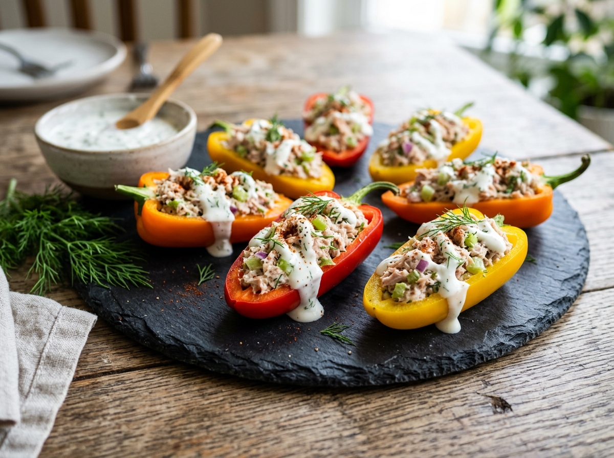 Mini sweet bell pepper halves stuffed with tuna salad and drizzled with yogurt dill sauce on a platter