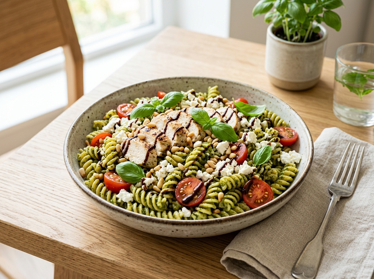 Pesto fusilli pasta salad topped with sliced grilled chicken breast, crumbled feta, and cherry tomatoes