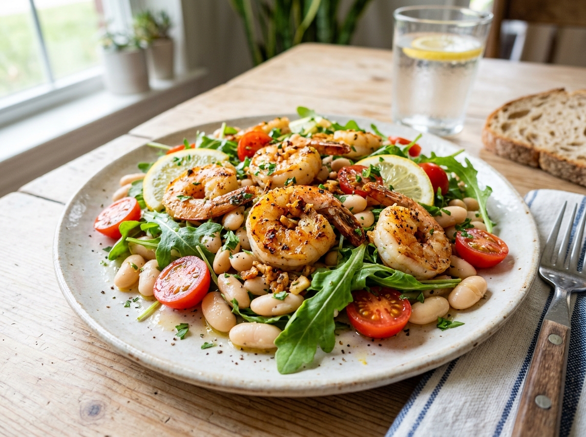 Plate of seared garlic shrimp with white cannellini beans, arugula, cherry tomatoes, and lemon slices
