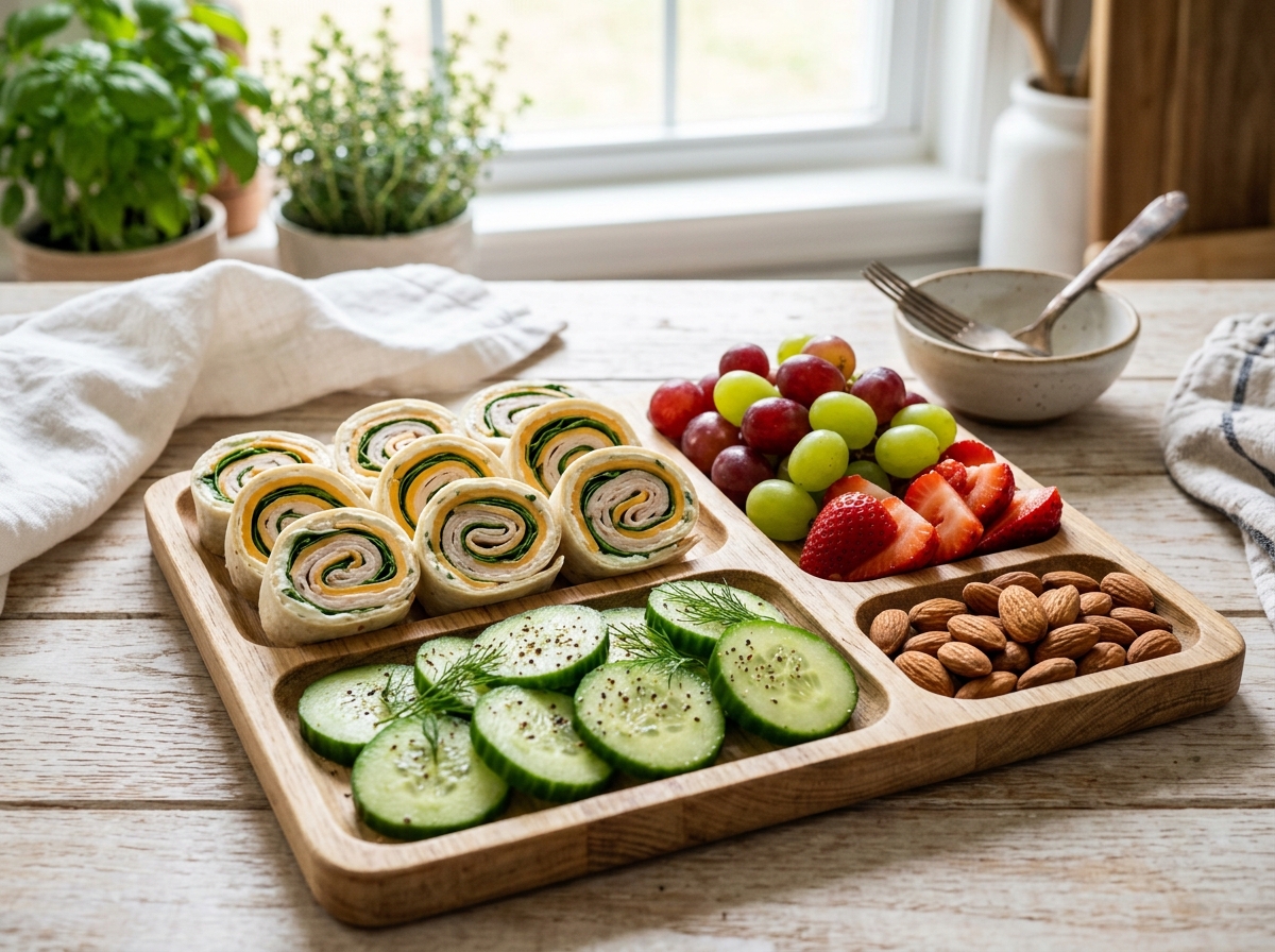 Wooden bento platter with turkey and cheese tortilla pinwheels, cucumber slices, mixed grapes, and almonds