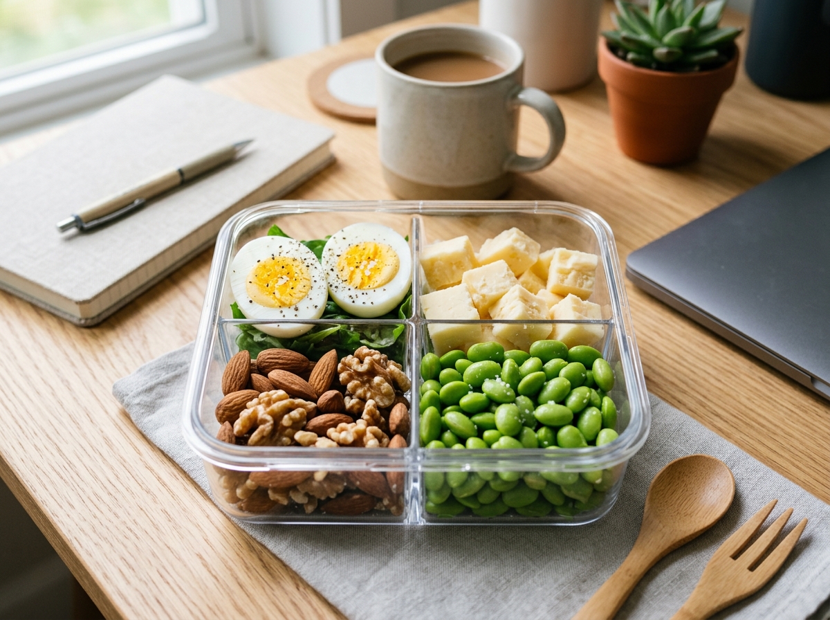 Four-compartment glass meal prep box filled with hard-boiled eggs, cheese cubes, mixed nuts, and edamame