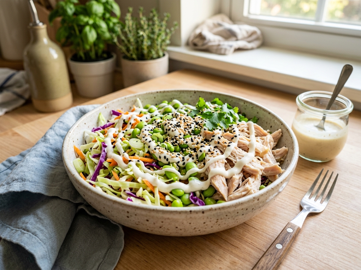 Shredded chicken and cabbage salad bowl topped with edamame, sesame seeds, and drizzled yogurt dressing