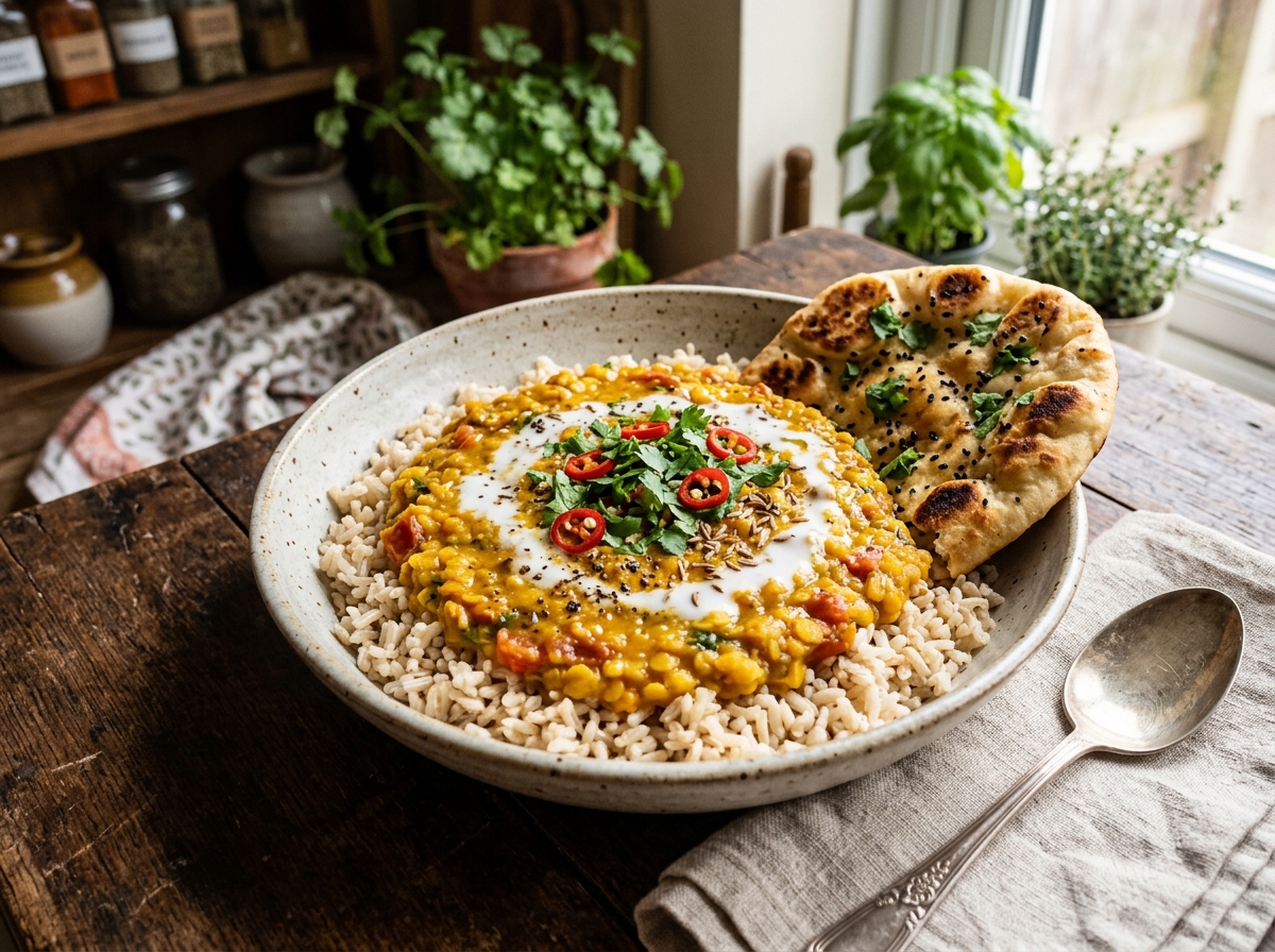 Red lentil dal topped with coconut cream and chili, served over brown rice with a side of naan