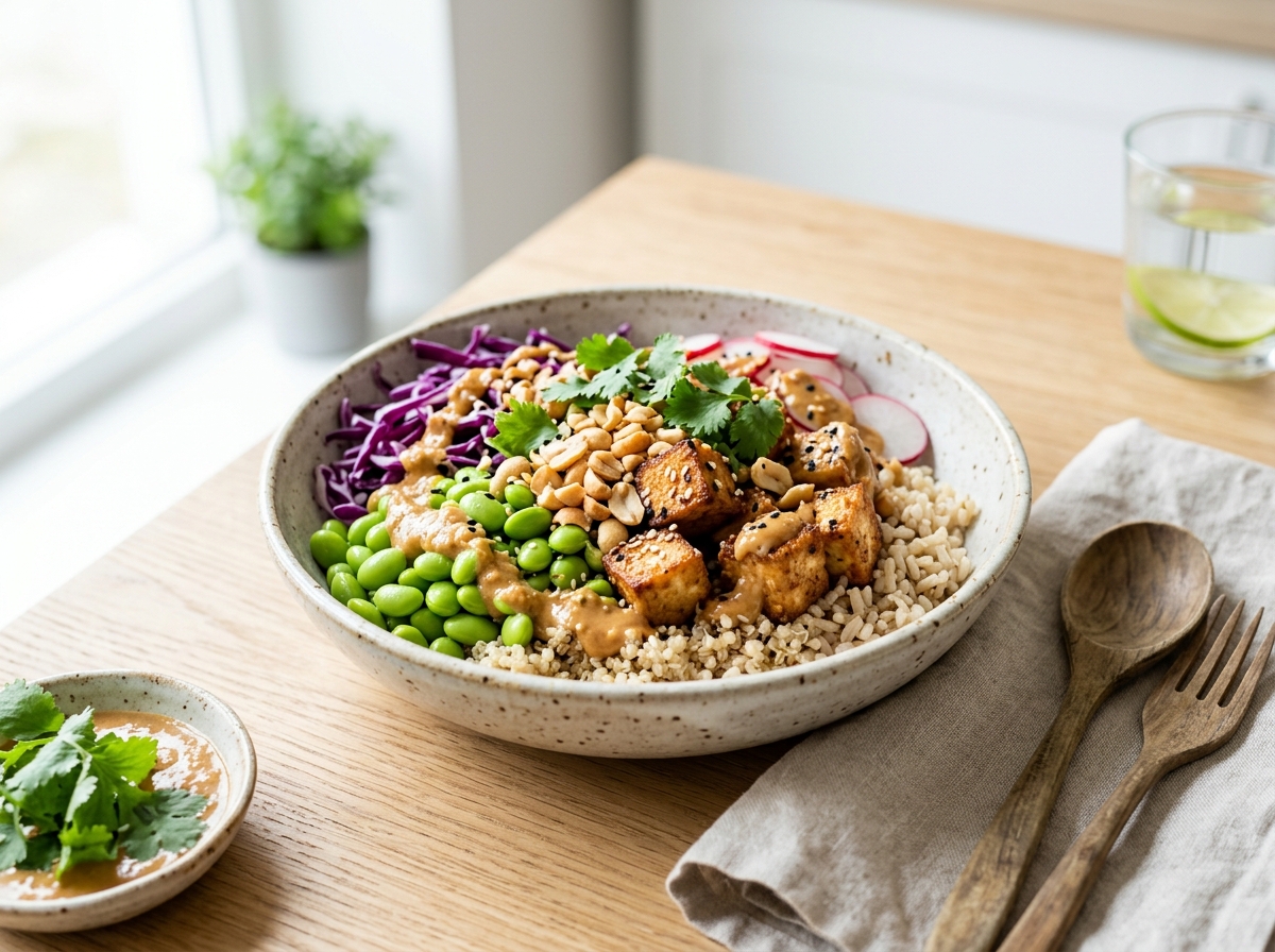 Crispy baked tofu bowl with edamame, red cabbage, peanuts, brown rice, and peanut-ginger drizzle