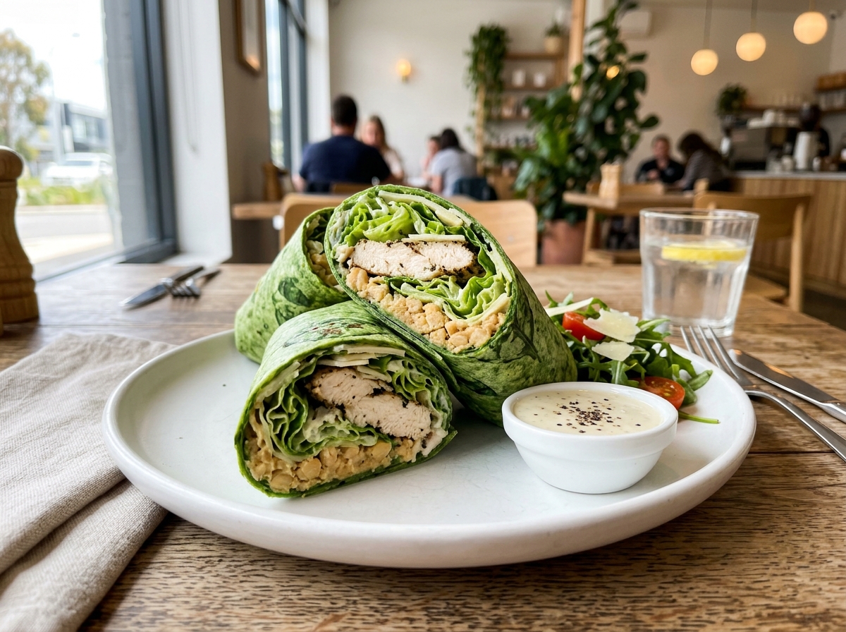 Sliced green spinach wrap stuffed with grilled chicken, mashed chickpeas, lettuce, and Caesar dressing