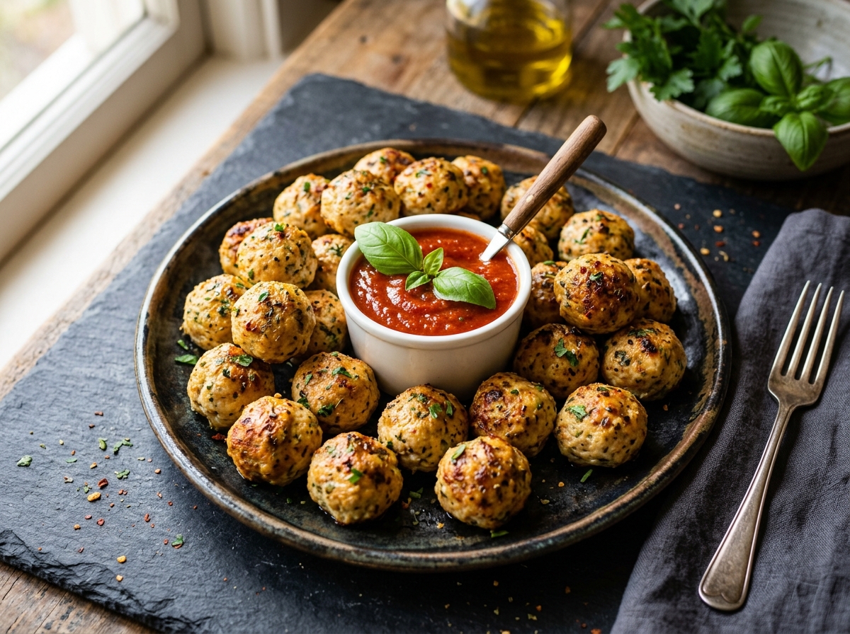 Platter of baked herb chicken meatballs arranged around a small white bowl of marinara dipping sauce