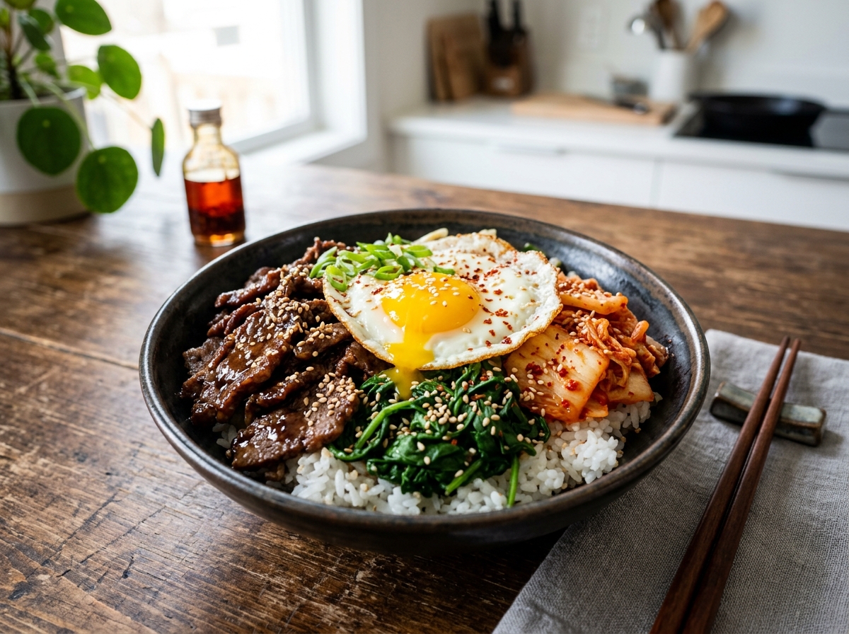 Korean rice bowl topped with savory beef, kimchi, sautéed spinach, and a sunny-side-up fried egg
