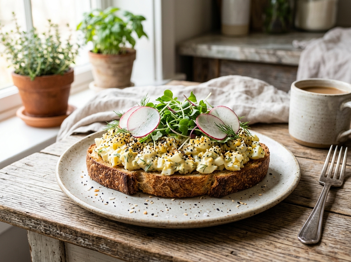Open-faced sourdough toast topped with creamy egg salad, everything seasoning, microgreens, and radishes