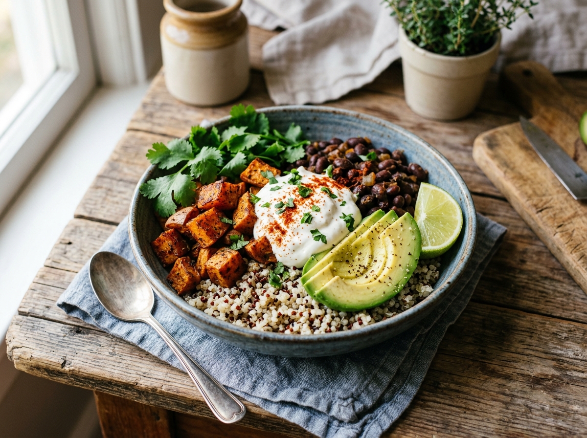 Quinoa bowl with roasted sweet potato cubes, black beans, sliced avocado, and cottage cheese crema