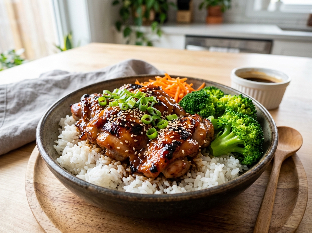 Glazed teriyaki chicken served over white rice with steamed broccoli florets and grated carrots
