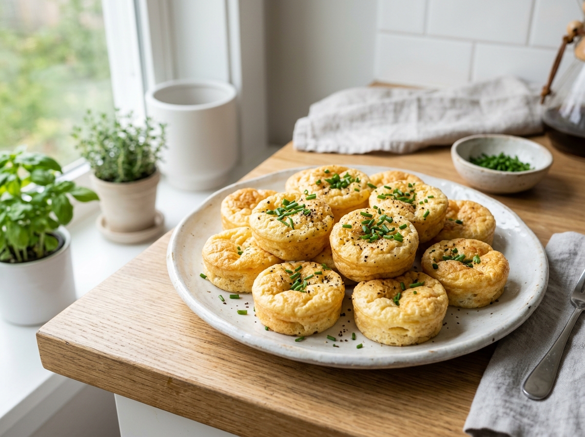 Plate of golden, round baked cottage cheese egg bites garnished with fresh chopped chives