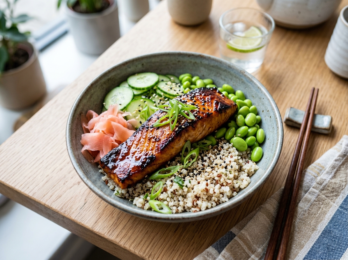 Glazed salmon fillet over quinoa with edamame, sliced cucumbers, pickled ginger, and scallions