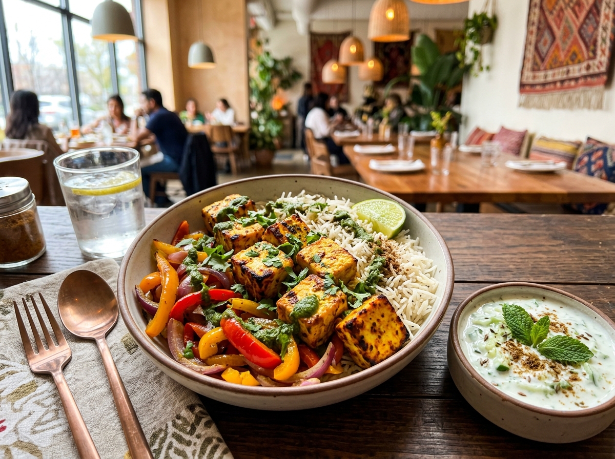 Grilled paneer tikka with peppers, onions, and rice in a bowl, served alongside cucumber raita